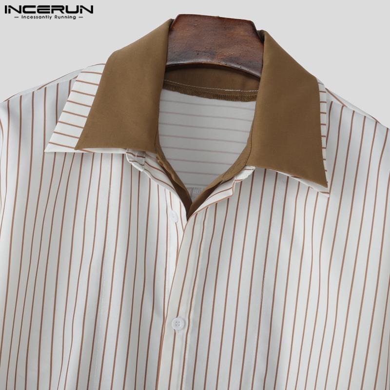 INCERUN Men's Lapel Long Sleeve Fake Two-piece Striped Print Button Up Shirts Tops