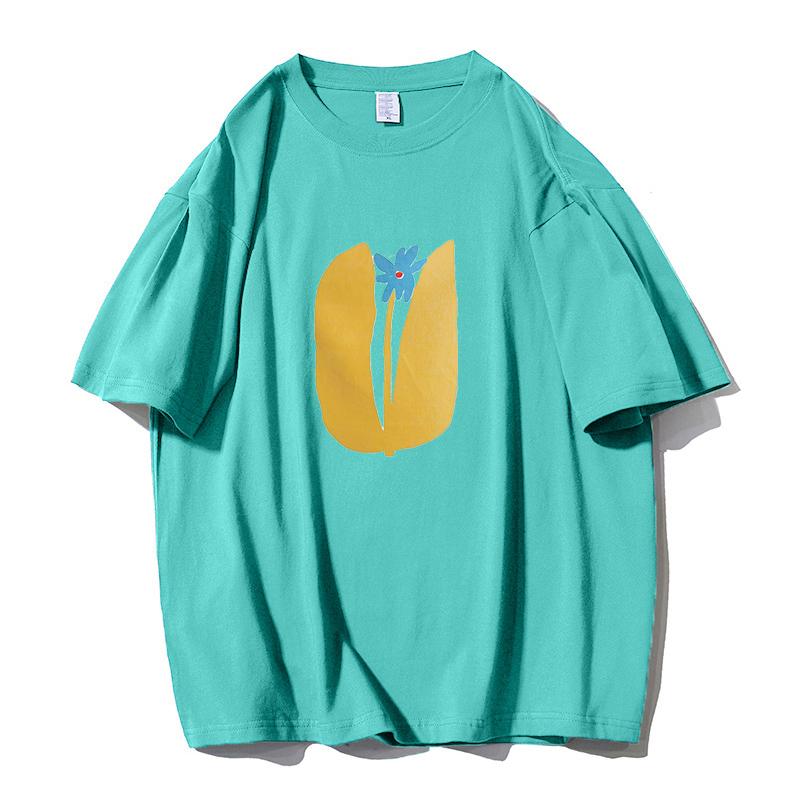 Shellsuning Summer Aesthetic Floral T Shirts Women Loose Short Sleeve Cotton Printed Tees Female Casual O Neck Vintage Base Tops
