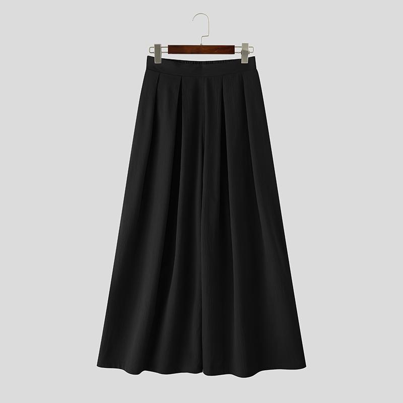INCERUN Men Casual Elastic High Waist Long Wide Legs Pants Culottes Trousers