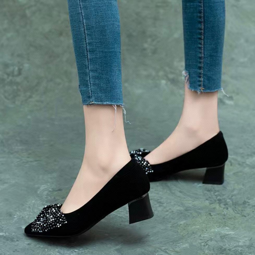 Fashion Pointed Single Shoes Spring New Black Rhinestone Bow Sheepskin High Heels Women's Shoes