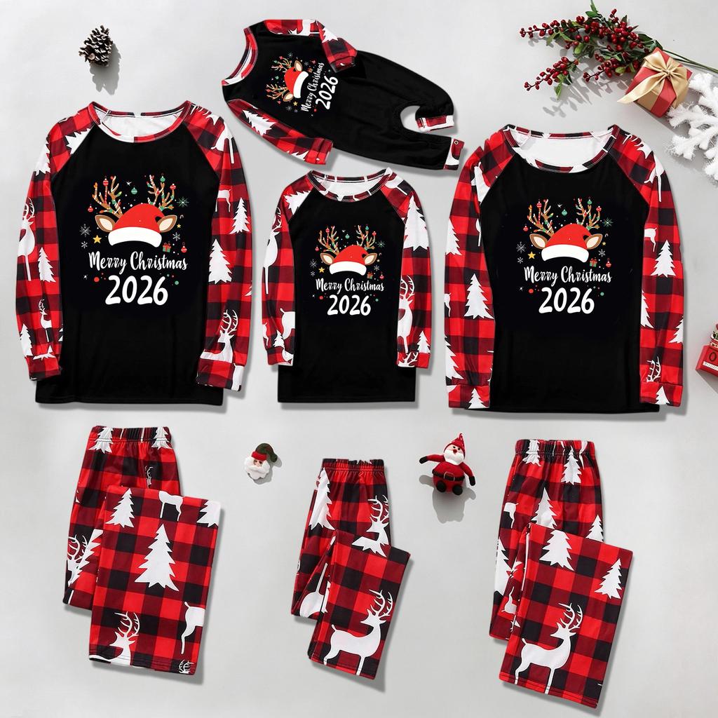 Family Matching Christmas Pajama Set with Long Sleeve Raglan Top and Pants for Women Men and Kids