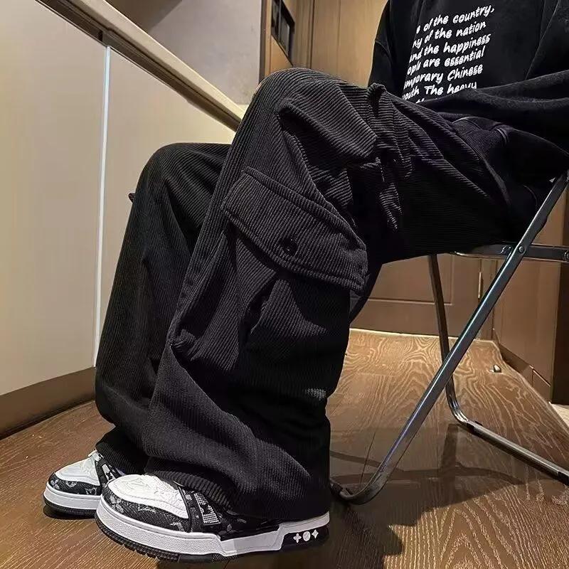 Safari Style Retro Solid Color Cargo Pants Men's Clothing Corduroy Autumn Winter Chic Pockets Spliced Wide Leg Casual Trousers