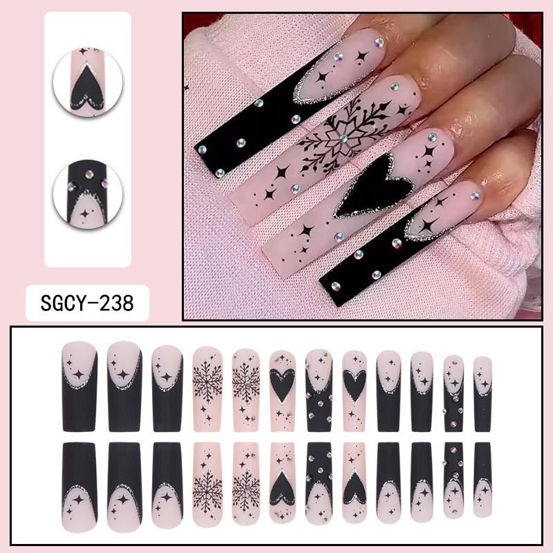 Matte Black French Christmas Press-On Nails With Heart Snowflake Glitter Design Sweet Style Wearable Nail Tips