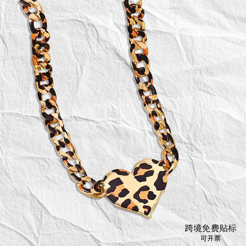 Fashion leopard print peach heart necklace earrings jewelry set retro sweet personality