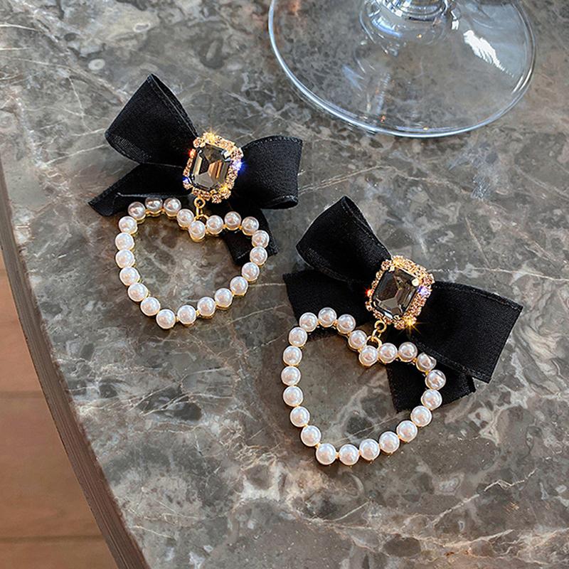 Black Bow Square  Earrings Women Elegant Pearl Heart Jewelry Gifts