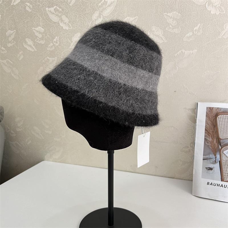 Contrasting Color Rolled Brim Wool Bucket Hat Women's Autumn and Winter Temperament Elegant Warm Basin Hat Versatile Velvet Wool Hat