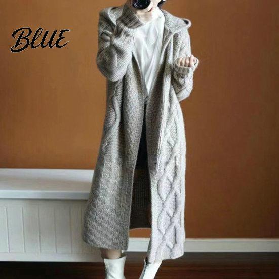 Women Fall Winter Midi Sweater Cardigan Coat Knitted Thick Hooded Long Sleeve Mid-calf Length Loose Cardiagn Open Stitch Solid Color Soft Oversized