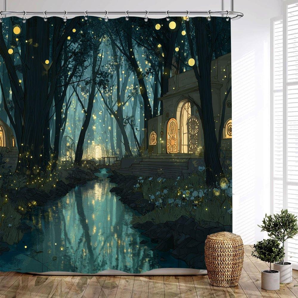 Mysterious Scene Shower Curtain, 180x 200cm Cool Blue to Warm Pattern Printed Home Bathroom Curtain 90x180cm