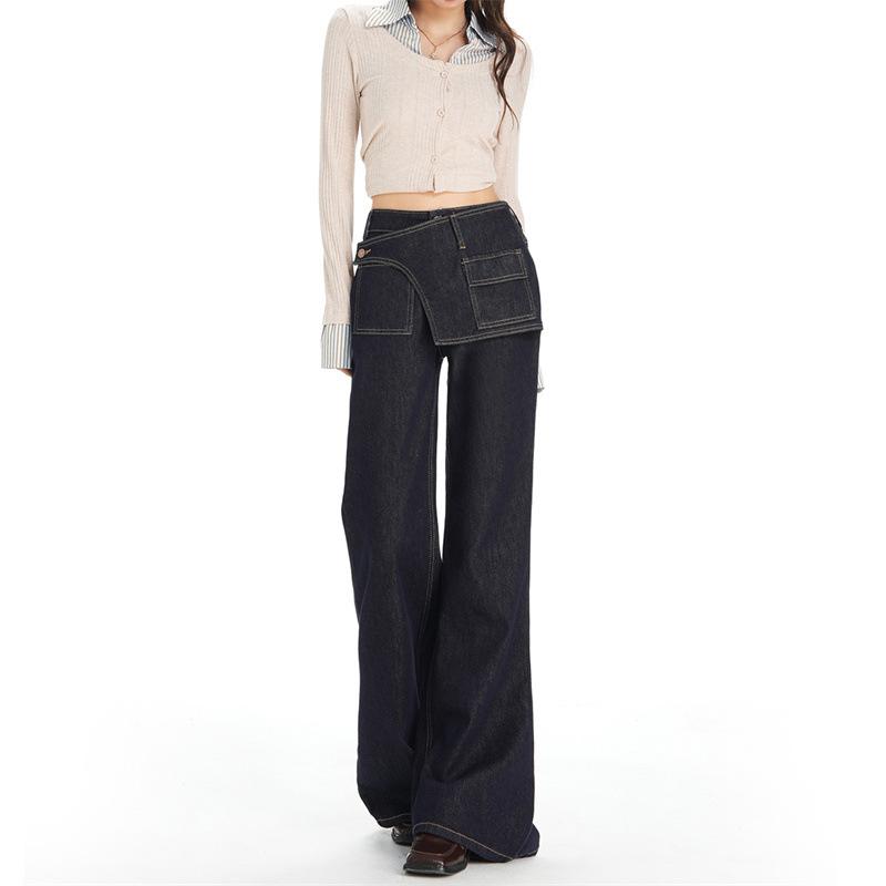 Dark blue retro asymmetric waist seal design sense slightly pull jeans women's autumn and winter 11 new fake two-piece wide-leg pants