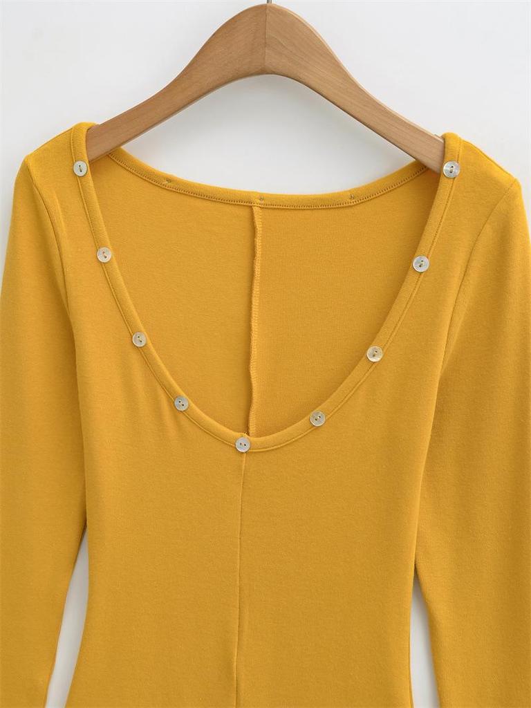 Spicy Girl Sexy Low Neck Long Sleeve T-shirt - Spring Stylish Slim Fit Solid Color Women's Top