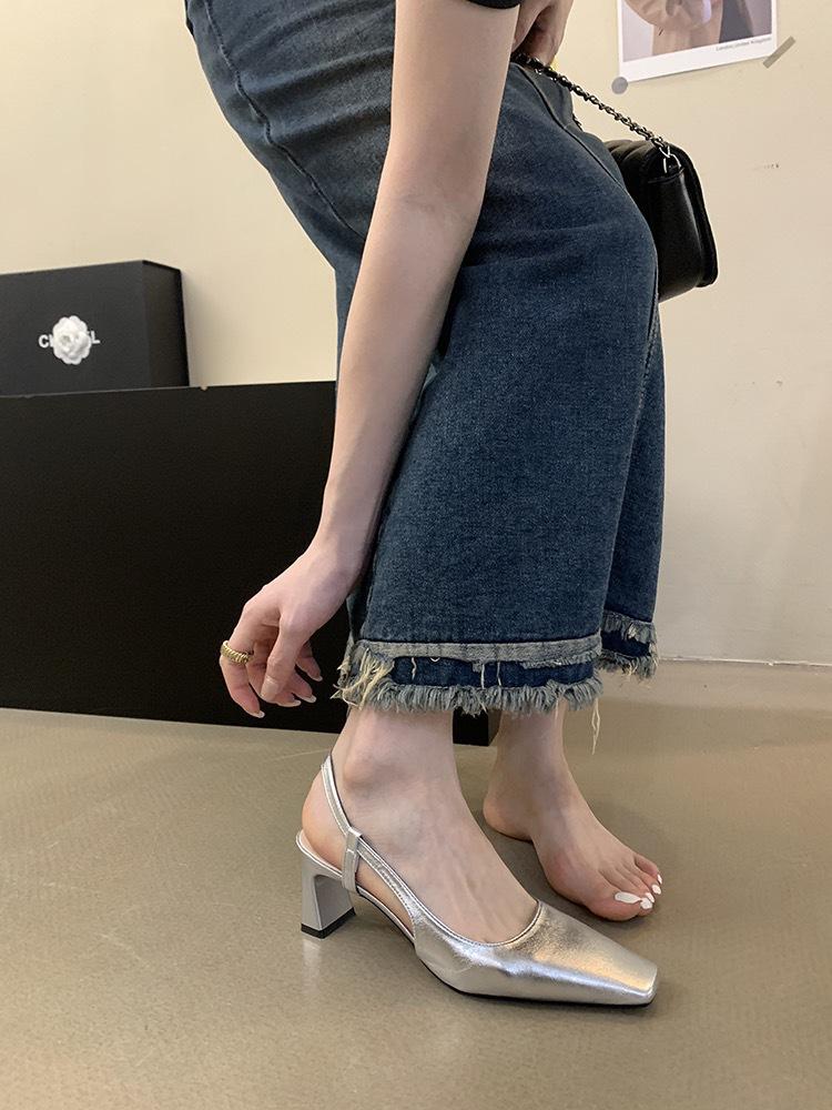 French Silver Temperament Bag Head Sandals Fairy Shoes 2024 New Summer Black Square Head High Heels Single Shoes