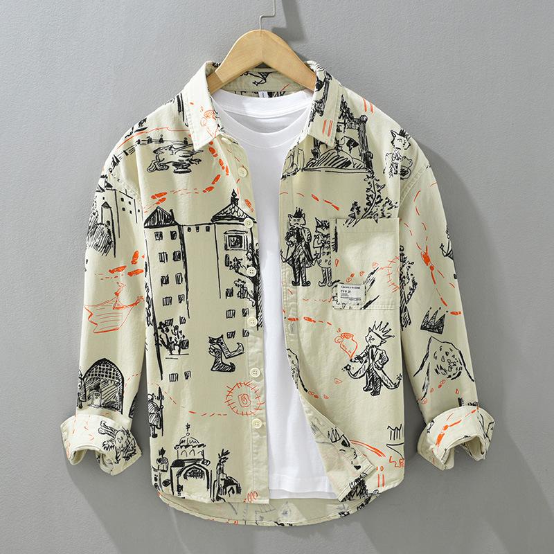 

Уличный стиль Арт Принт Смешная рубашка для мужчин Весна/Осень Новая модная мужская одежда с длинным рукавом из чистого хлопка Мужская рубашка Повседневный свободный топ XL абрикосовый