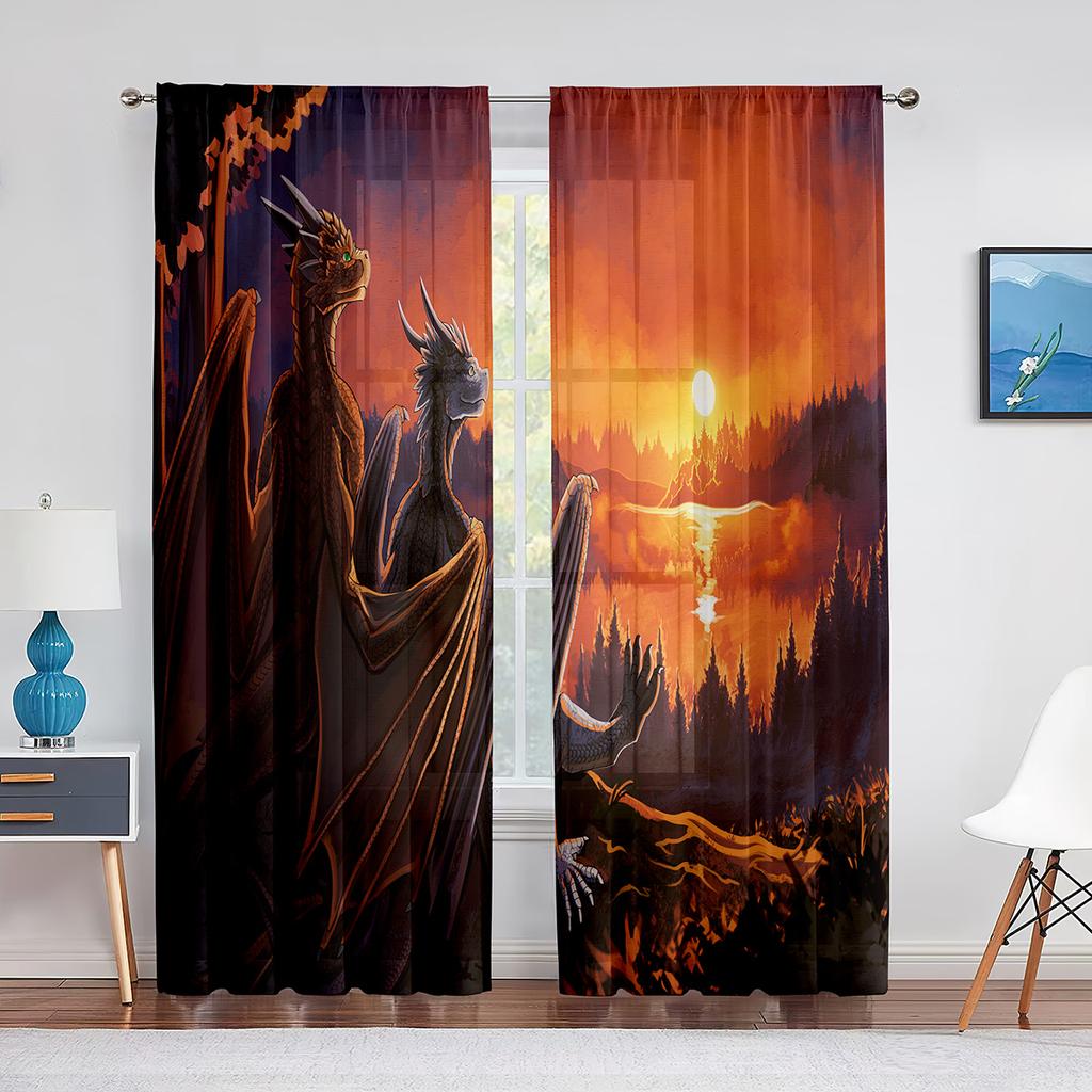 Two Golden Dragon On Red Background Sheer Voile Curtain for Living Room Bedroom Kitchen Transparent Tulle Curtain Window Drape