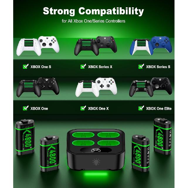 Upgraded Fast Charging Rechargeable Battery Packs with Light Control, 4 X 4800mWh Xbox Controller Batteries with Battery Charging Dock/Station for