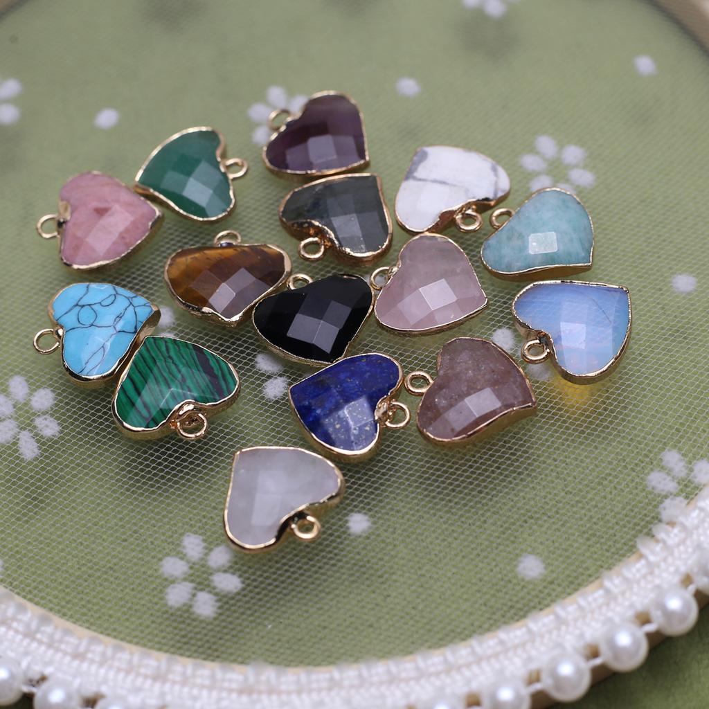 3Pcs, Heart Crystal Pendant with Golden Edging, Faceted Natural Stone Lapis Lazuli Malachite Turquoise Charms for Jewelry Making DIY Crafts 18×18mm