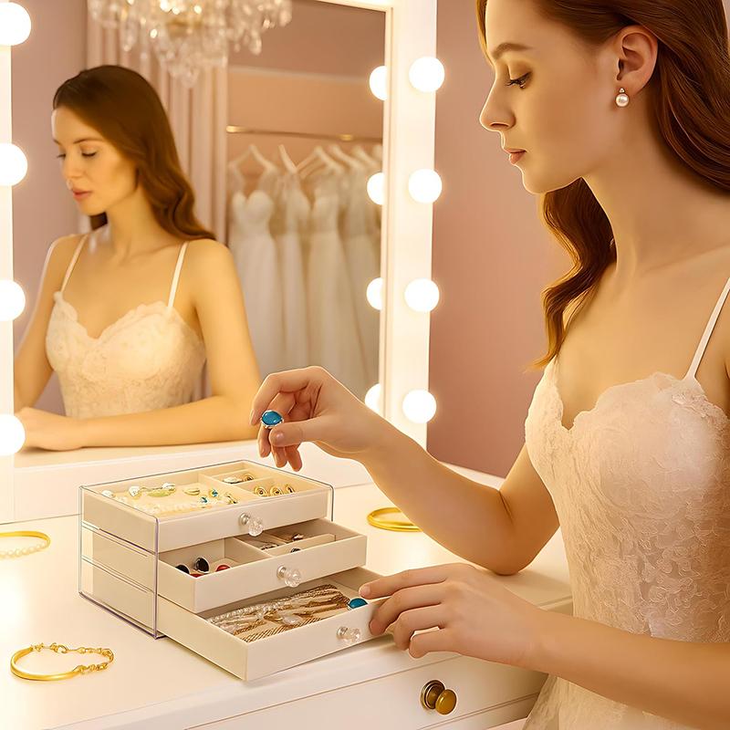 Acrylic Jewelry Box 3 Drawers, Velvet Jewellery Organizer, Earring Rings Necklaces Bracelets Display Case Gift for Women, Girls