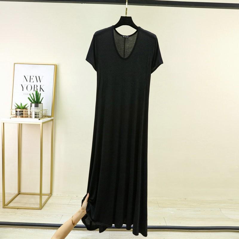Loose V-Neck Short-Sleeve Modal Nightdress for Plus-Size Women - Spring/Summer Long Slit Skirt Style