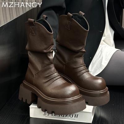 Fashion Women Leather Platform Ankle Boots Chunky Pleated Shoes Woman 2025 Trend Fashion Winter New Snow Chelsea Boots Goth Mujer Botas