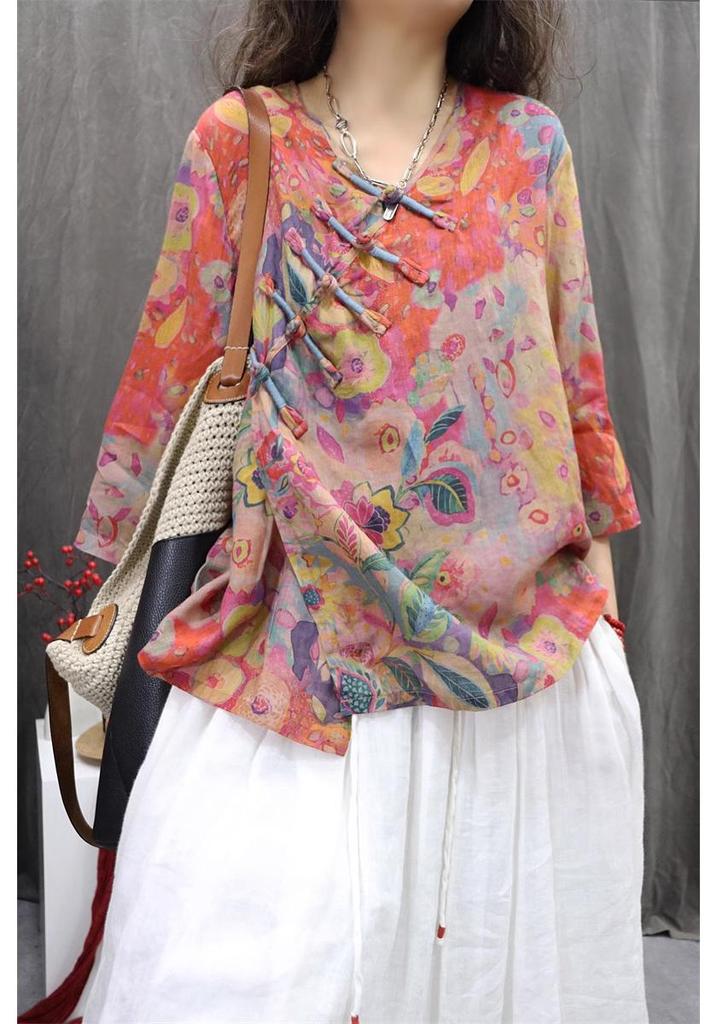Asymmetrical Linen Frog Button Chinese Style Shirt, Spring/Summer 2026, Slimming Three-Quarter Sleeve Pullover.
