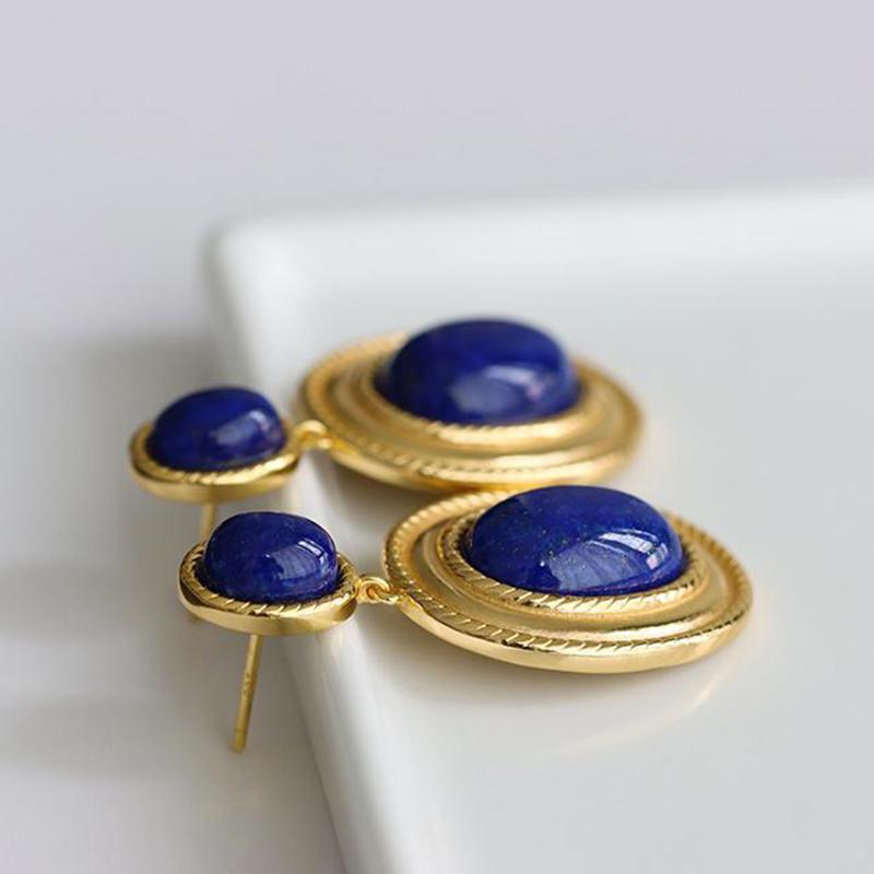 New Design Inlaid Lapis Lazuli Oval Hollow Earrings Exaggerated Punk Style Retro Ancient Gold Craftsmanship Women's Jewelry