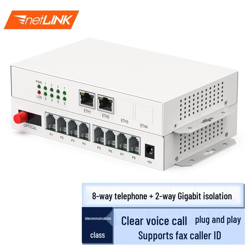 

8-Channel Telephone & 2-Port Gigabit Network Fiber Optic Transceiver Telephone with 2-Port Gigabit Network Isolation