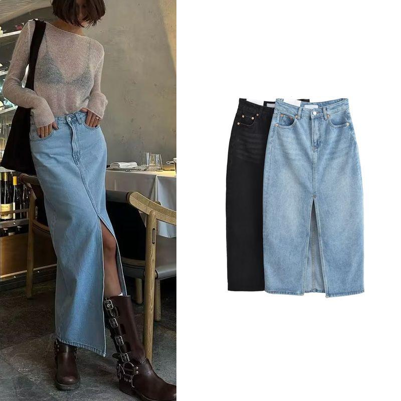Spring New European and American Retro Ins Casual Loose Cotton Mid-Length Split Design Denim Skirt