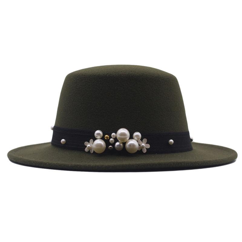 New Flat Top Flat Brim Top Hat Men's and Women's Retro Pearl Fashion British Woolen Hat