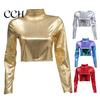 Club Crop Top Women Glossy Faux Leather Half-high Collar Solid Color Waist-exposed Long Sleeve Skinny Pullover Elastic Nightclub Stage Show