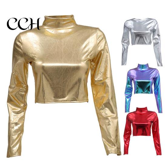 Club Crop Top Women Glossy Faux Leather Half-high Collar Solid Color Waist-exposed Long Sleeve Skinny Pullover Elastic Nightclub Stage Show