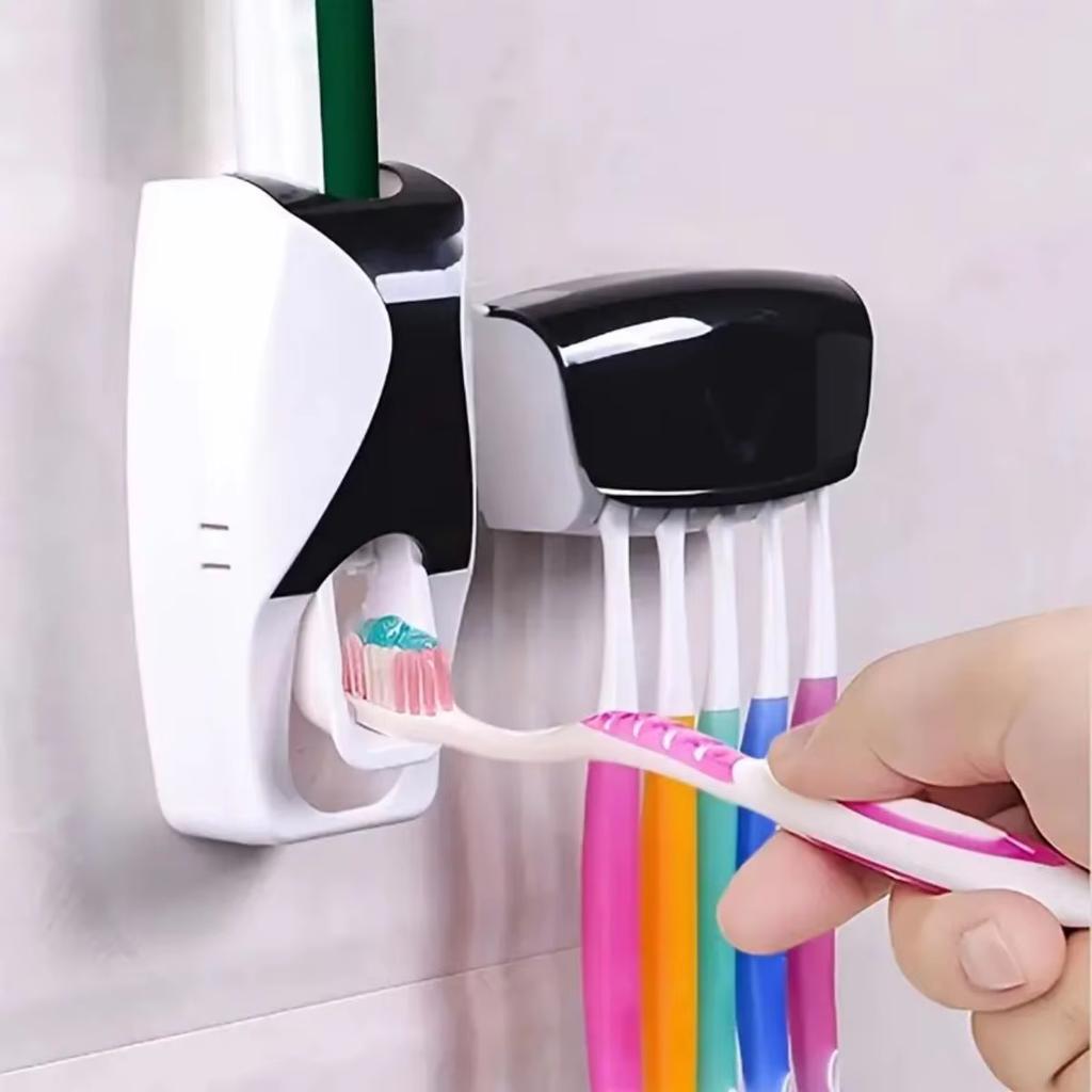 1set Automatic Toothpaste Dispenser And Toothbrush Holder Set Wall Mounted Toothbrush Rack Plastic Bathroom Storage Rack With