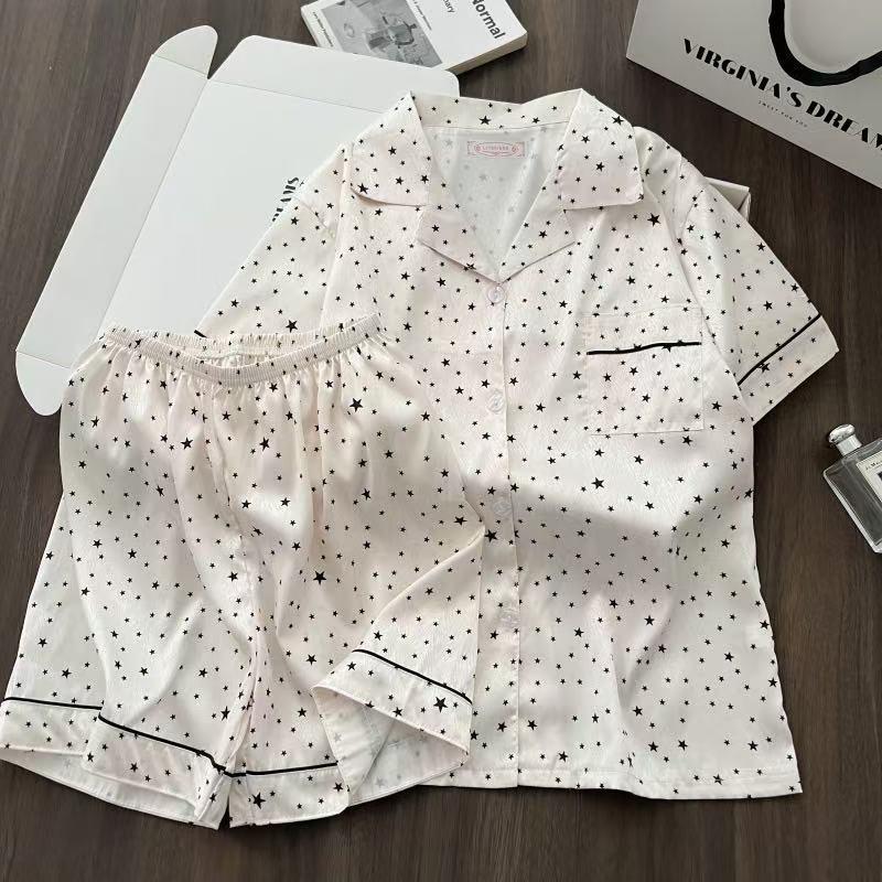 Damen 2024 Frühling/Sommer Eis-Seide Karierter Pyjama - Langärmeliges Zweiteiler-Set