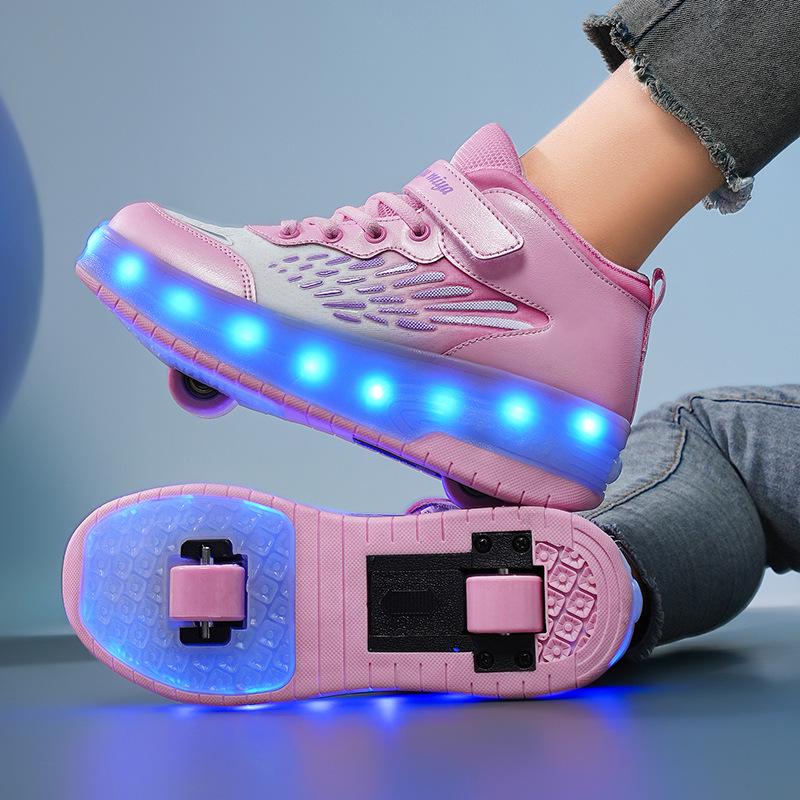 Children's Purple and White Convertible Four-Wheel Roller Shoes with Double-Wheel Hidden Skates