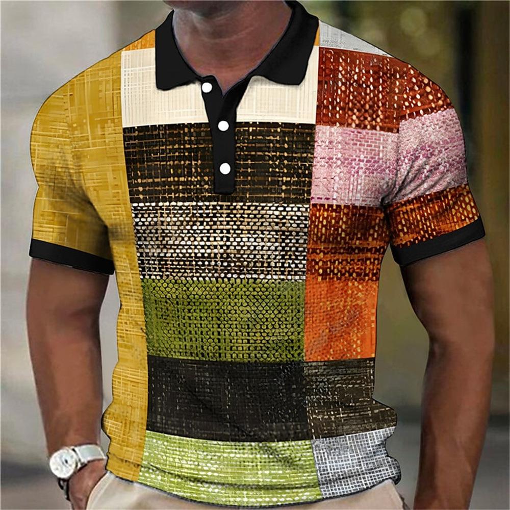 Trendy Abstract Geometric Print Short-sleeve Polo Shirt, Casual and Comfortable for Daily Use.