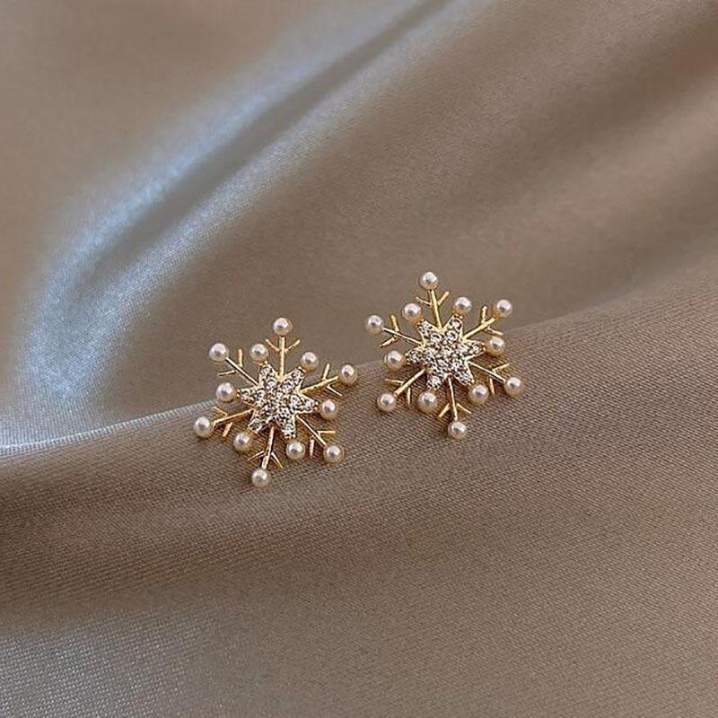 Korean Style S925 Sterling Silver Snowflake Diamond Pearl Stud Earrings for Women золотой