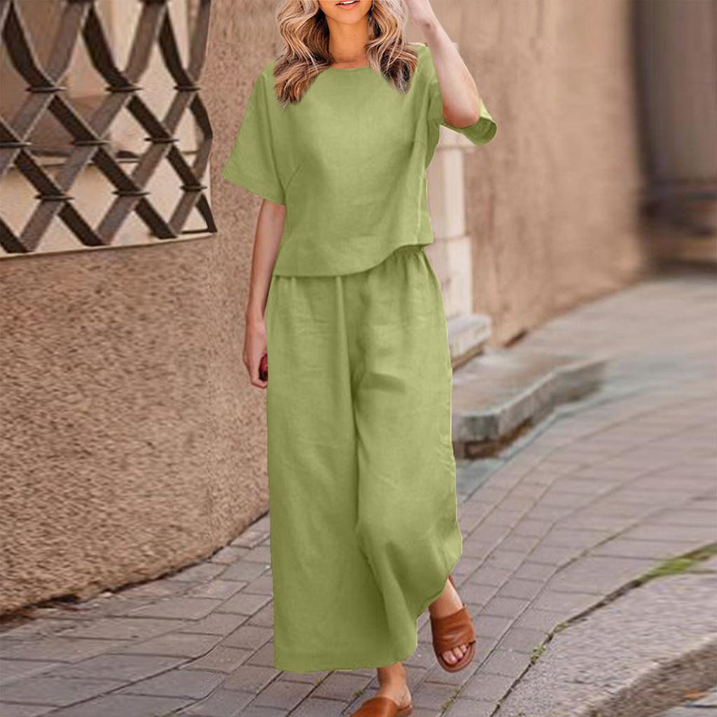 2026 New Loose Solid Color Short-sleeved Wide-leg Pants Set Women's Summer Casual Fashion Two-piece Set Cross-border Belly Cover