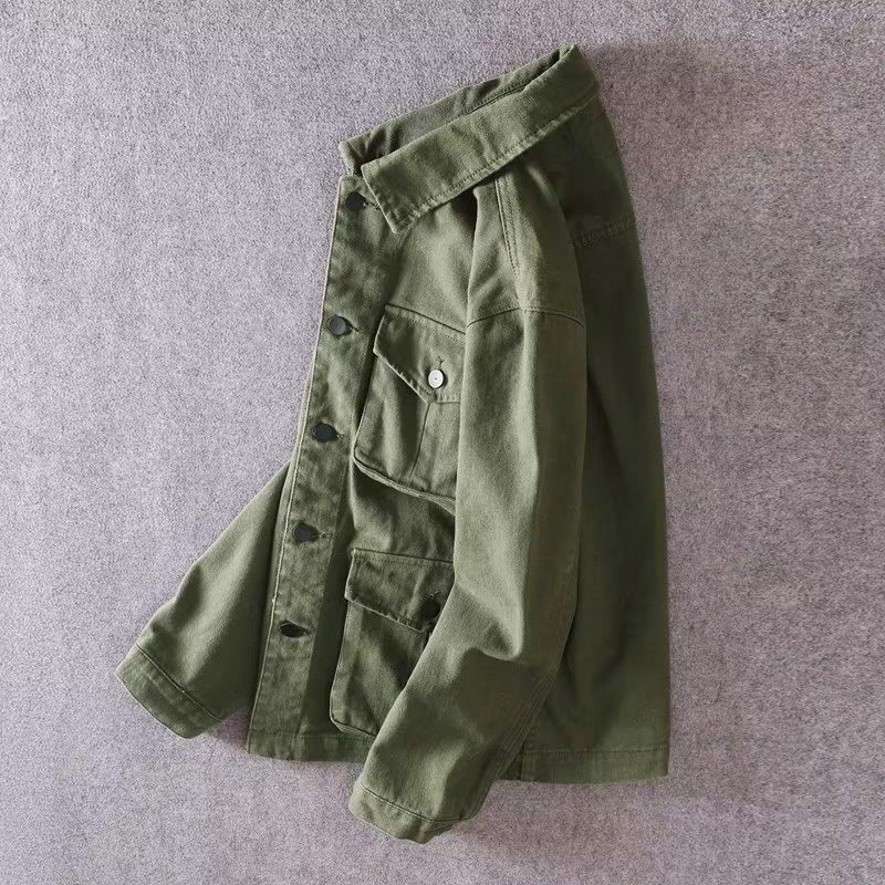 Giacca da lavoro casual larga da uomo per primavera e autunno, lavata, semplice, con bavero, multi-tasche
