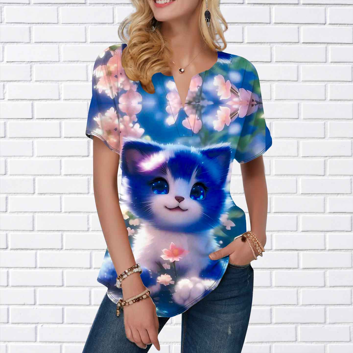 

Женская летняя футболка с принтом голубоглазой кошки, футболки с коротким рукавом, повседневные топы с принтом, небольшой V-образный вырез, короткие рукава 8XL темно-синий