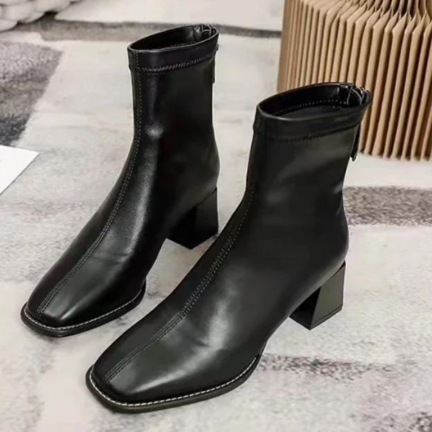 Women Outdoor Square Toe Ankle Boots Women Comfortable Fashion Designer Shoes Mid Heels Zipper Boots Big Size Shoes For Women