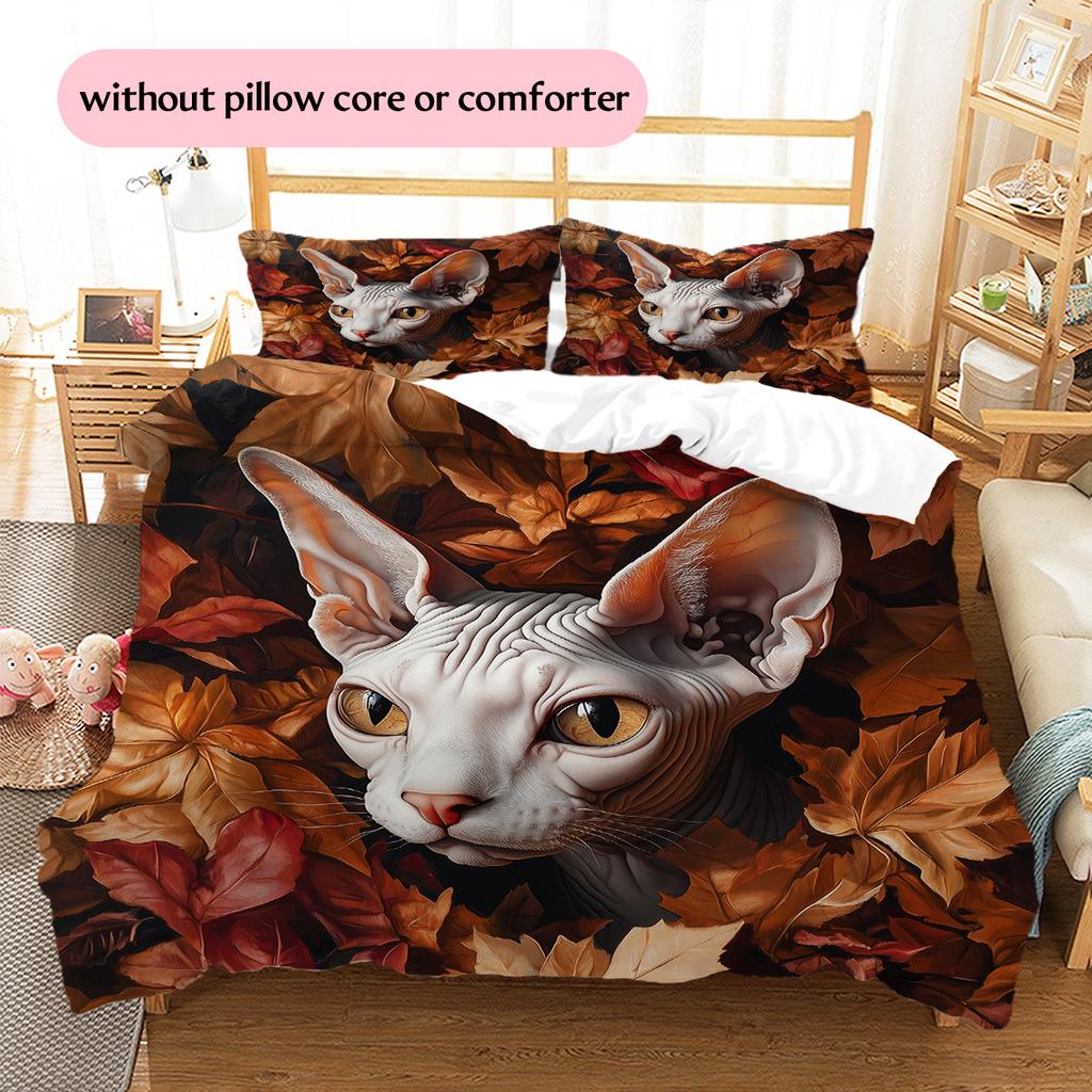 Maple Leaf Cat  Pattern Bedding Quilt Set Quilt Cover Pillowcase Home Decoration  Gift (1 * duvet cover + 2 * pillowcase, without core)
