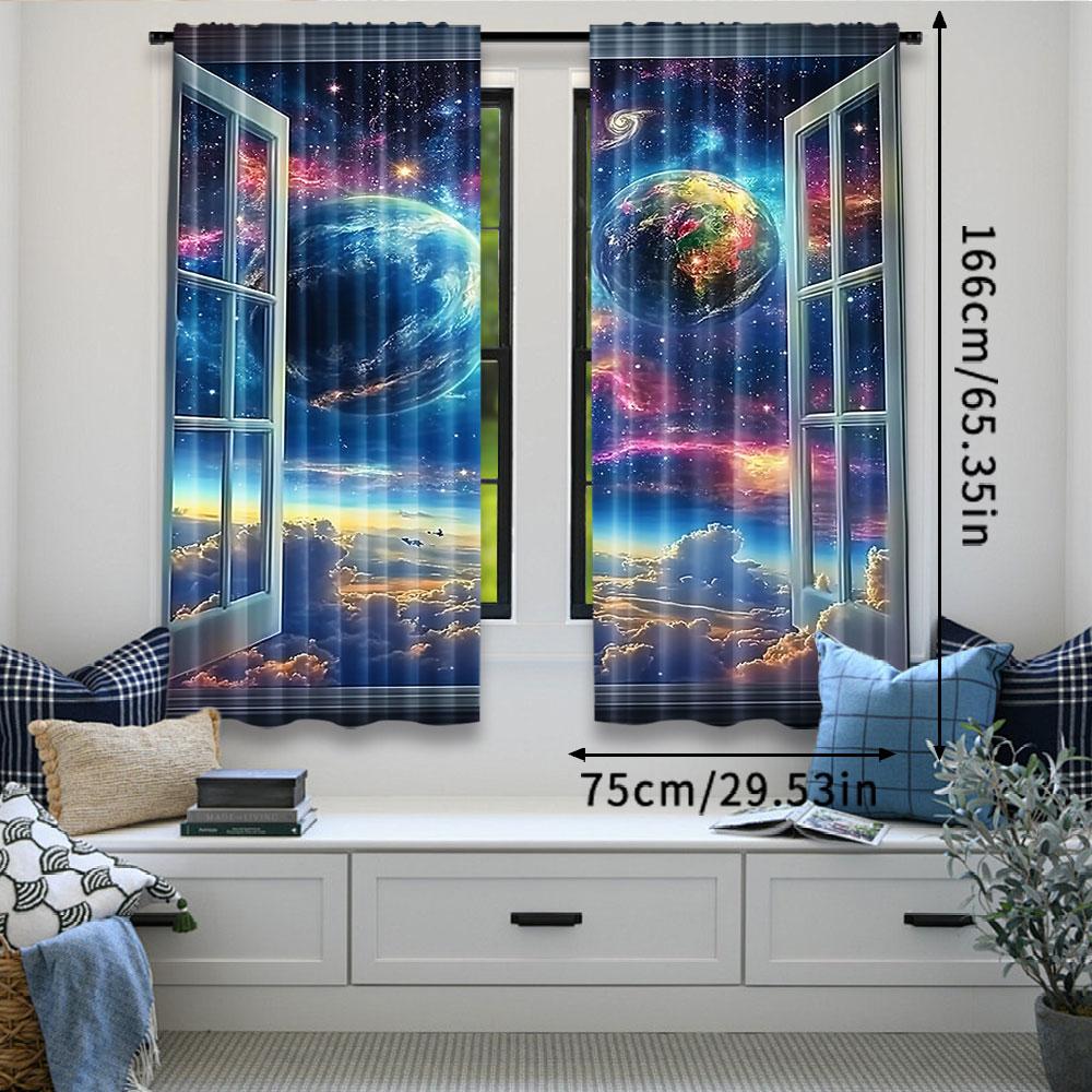 2Pcs Space Galaxy Curtains Universe Nebula Galaxies Solar Planet Suitable For Bedroom Living Room Dining Room And Bathroom