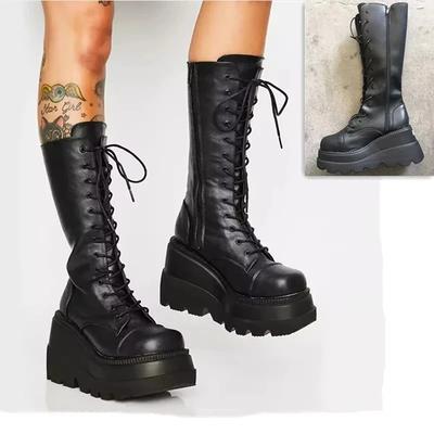 Damenstiefel Mode Gothic-Stil Mid-Calf Damenstiefel Punk Plateau Motorrad Ritterstiefel Designer Trend Damenschuh