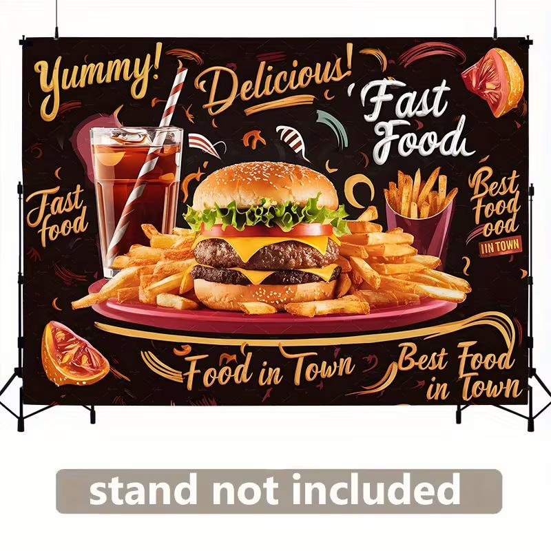 

2D Fast Food Party Backdrop, Burger & Fries Print Background Banner for Birthday & Food Truck Events 47.2x31.5inch/120*80cm