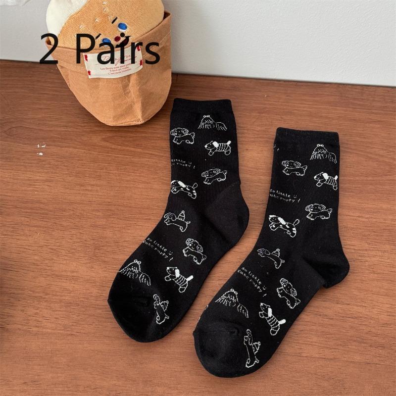 

2 пары мультяшных носков до середины икры с собачками, осенние повседневные носки, влагоотводящие бесшовные носки для девочек 2 pairs чёрный