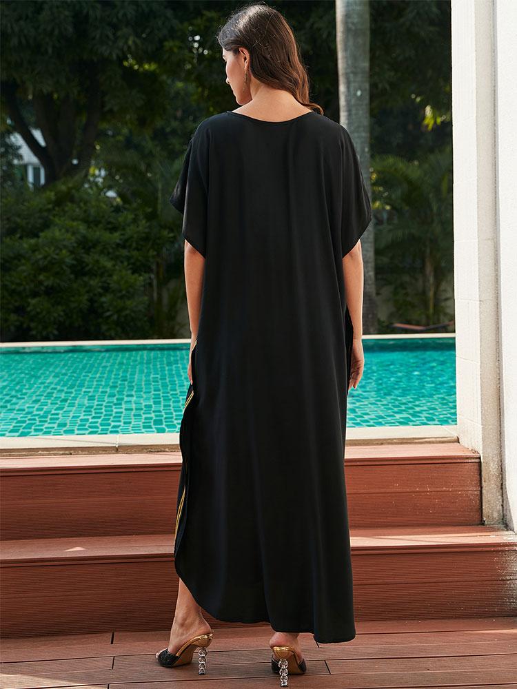 EDOLYNSA Plus Size Schwarz besticktes Kaftan Schwarzes Sommer Langes Strandkleid Damen Homewear Outfit Badeanzug Cover Up Loose Caftan