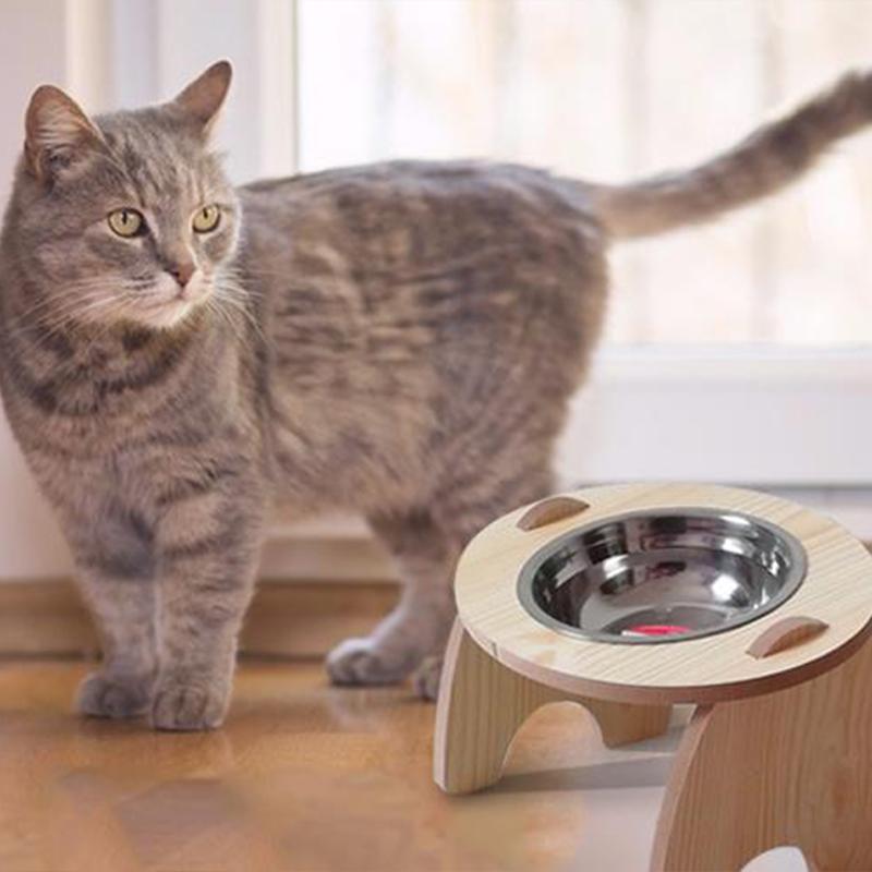 Elevated Pet Bowls Tilted Single/Double Cat Stainless Steel Food Bowls Wooden Dog Water Feeding Container Cat Supplies