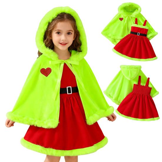 Girls Christmas Cape Dress with Fur Trim Red Holiday Performance Costume for Toddlers 1-6 Years Fancy Party Dress Accessory