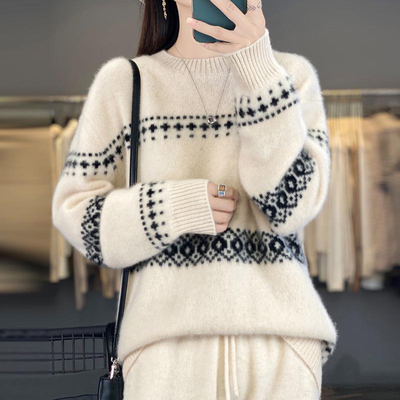 Meng Yi Women's Jacquard Wool Sweater: Autumn/Winter Loose Knitwear, Thick Round Neck