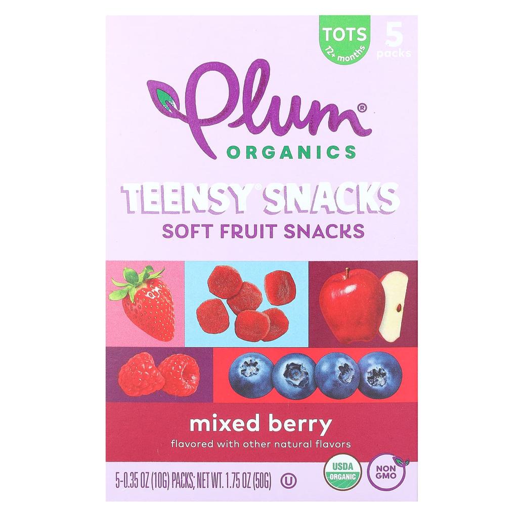 Plum Organics Teeny Snacks, Soft Fruit Snacks, Toots for Ages 12+, Mixed Berries, 5 Packs, 10 G (0.35 Oz) Each