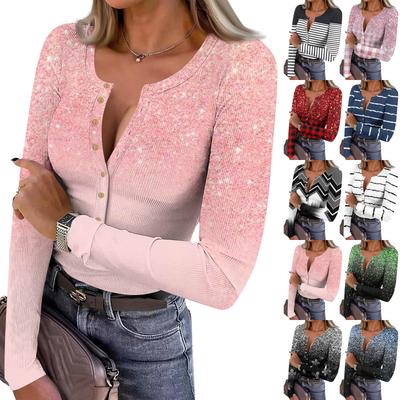 Women's Slim Bottom T-shirt Fashion Casual Gradient Printing Round Neck Pullover Long Sleeve Top