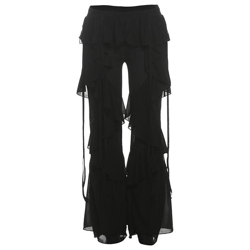 Women's High Waist Wide Leg Pants with Tiered Ruffled Hem In Beige